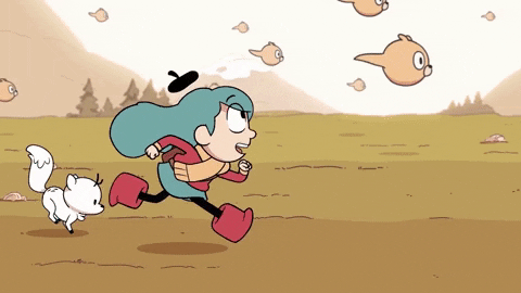 Gif de Hilda corriendo junto a Twypp el ciervozorro entre seres voladores