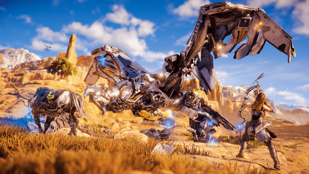 Captura de Horizon: Zero Dawn tomada durante un combate contra un avetempestad.