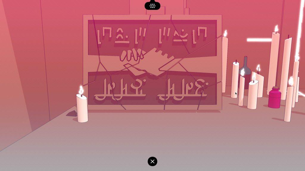 Captura de Chants of Sennaar en la que se ven dos lenguajes claramente diferenciados en un texto sobre una piedra.