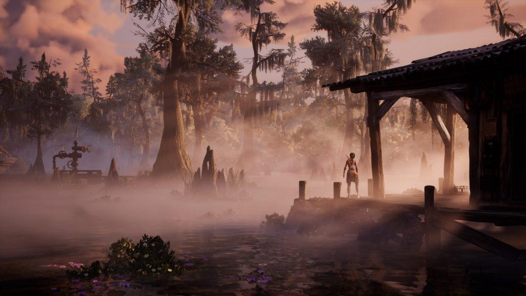 Captura de South of Midnight con Hazel en primer plano y una ciénaga con niebla baja que captura la luz de la mañana