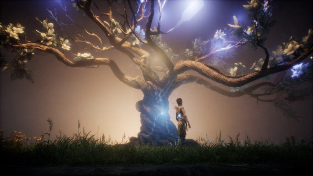 Captura de South of Midnight con el fantástico árbol cuyas ramas están coronadas por botellas de cristal azulado, precioso
